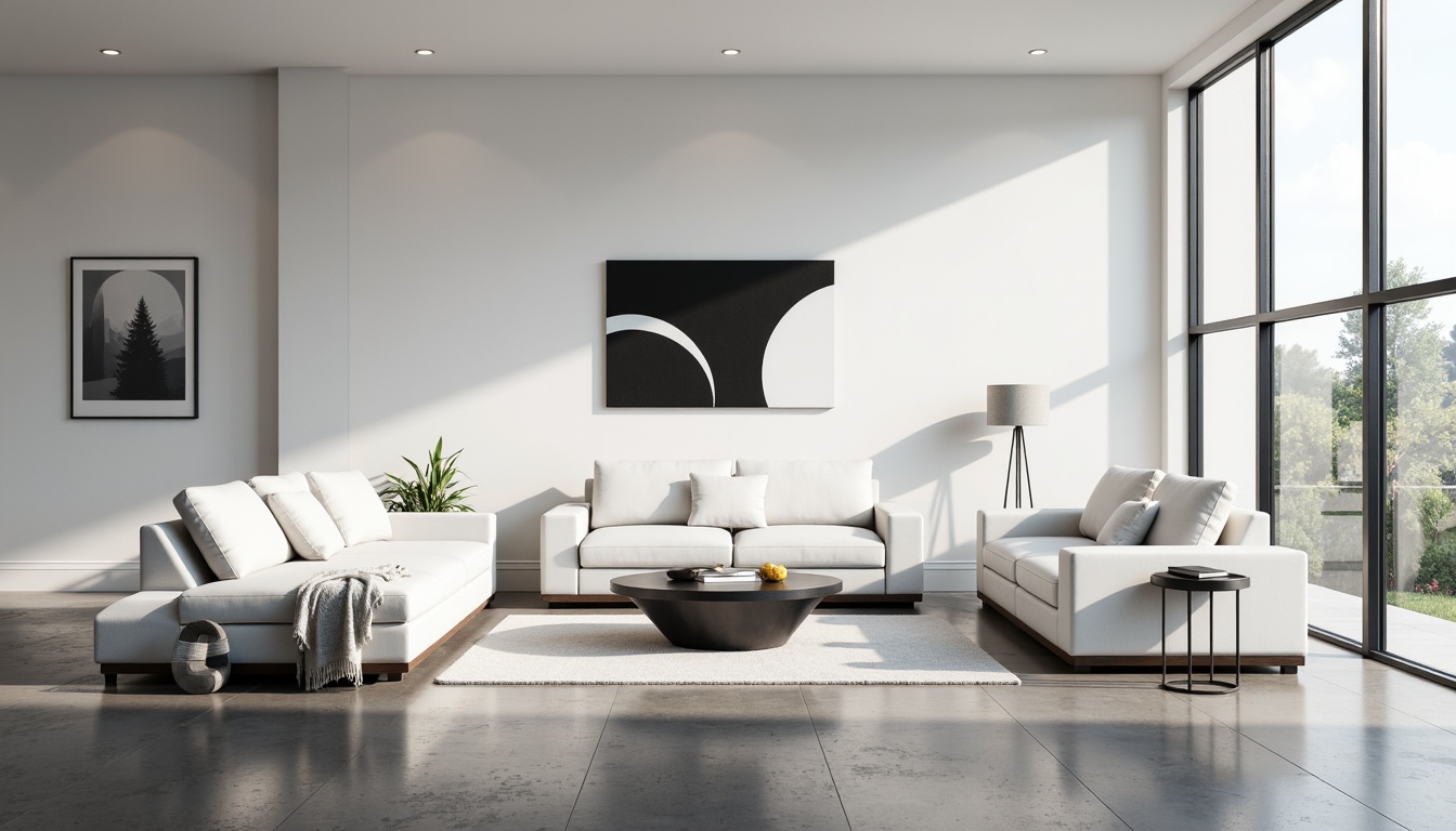 Prompt: Minimalist interior, clean lines, monochromatic color scheme, sleek furniture, low-profile sofas, geometric coffee tables, industrial metal chairs, polished concrete floors, large windows, abundant natural light, subtle textures, soft shadows, 1/1 composition, symmetrical framing, high-contrast lighting, abstract artwork, Scandinavian-inspired design.