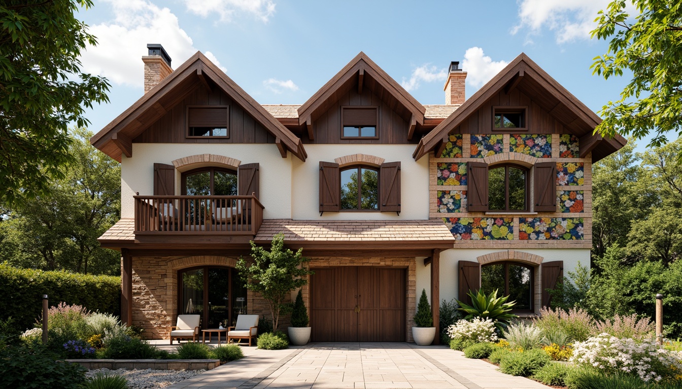 Prompt: Rustic regionalist facade, earthy tones, natural stone walls, wooden accents, steeply pitched roofs, ornate chimneys, decorative trusses, vibrant floral patterns, colorful ceramic tiles, intricate stonework, arched windows, heavy wooden doors, lush greenery, blooming vines, sunny day, warm soft lighting, shallow depth of field, 3/4 composition, panoramic view, realistic textures, ambient occlusion.