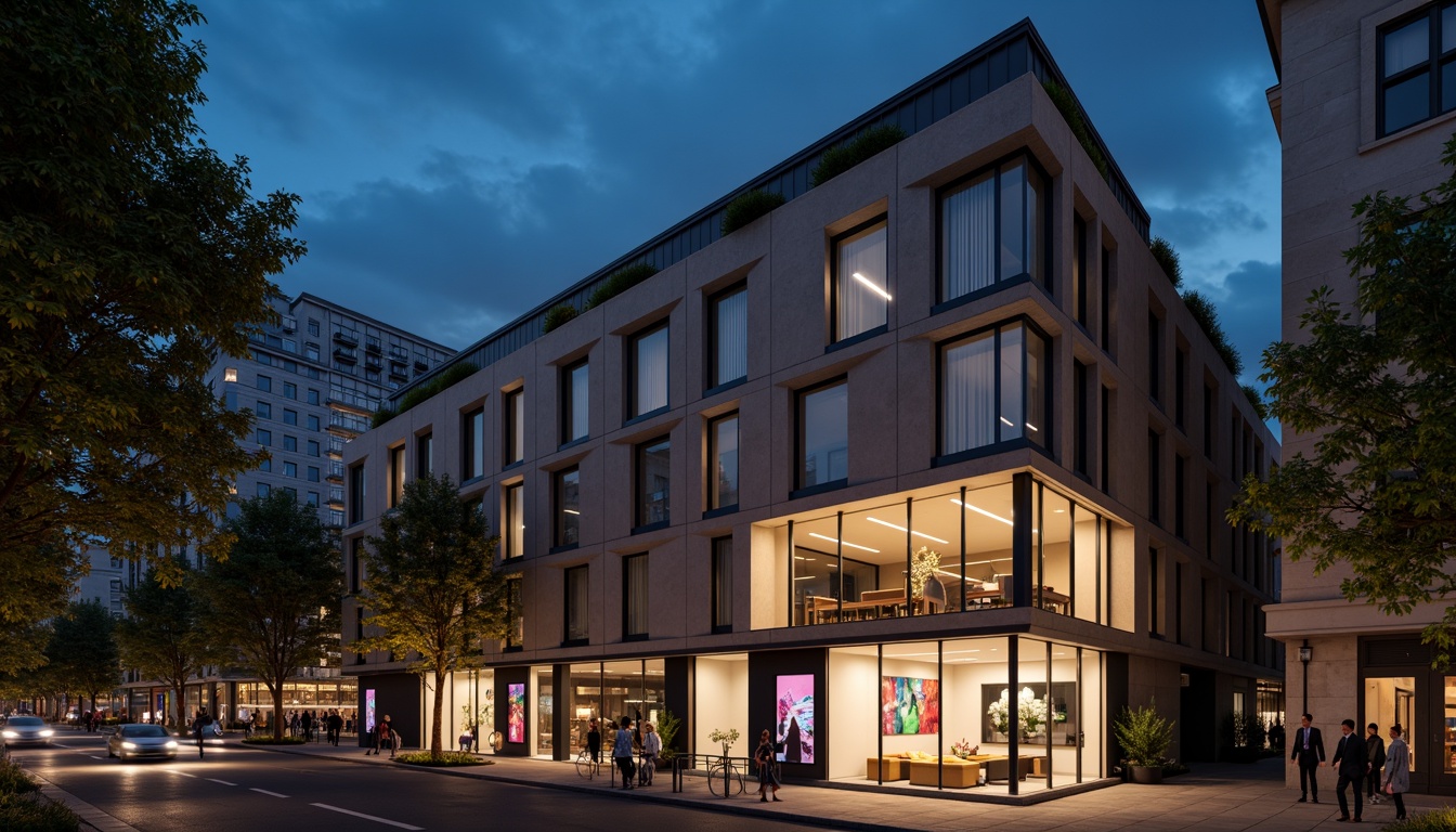 Prompt: Geometric hotel facade, asymmetrical composition, rectangular windows, industrial materials, raw concrete walls, steel beams, minimalist decor, functional simplicity, bold color accents, abstract artwork, urban cityscape, busy streets, modern streetlights, dramatic nighttime lighting, low-angle shot, 1/2 composition, high-contrast tone, cinematic atmosphere, brutalist architecture, clean lines, rectangular shapes, functional minimalism.