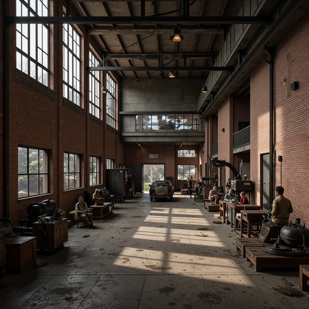 Prompt: Industrial factory setting, exposed brick walls, metal beams, worn wooden floors, vintage machinery, distressed textures, earthy tones, muted colors, rusty reds, weathered blues, faded yellows, industrial greys, urban atmosphere, gritty realism, high contrast lighting, dramatic shadows, cinematic composition, 1/2 camera angle, realistic renderings, ambient occlusion.