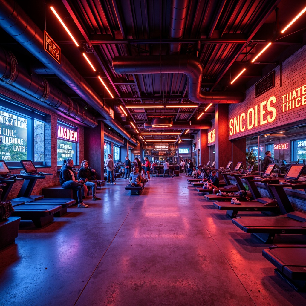 Prompt: Vibrant fitness club, energetic atmosphere, bold color scheme, neon lights, dark wood accents, metallic equipment, motivational quotes, industrial chic decor, urban loft style, exposed brick walls, polished concrete floors, dynamic lighting effects, high-contrast colors, intense reds, deep blues, electric yellows, sleek modern furniture, minimalist design, functional layout, state-of-the-art technology, futuristic ambiance, 3/4 composition, shallow depth of field, realistic textures.