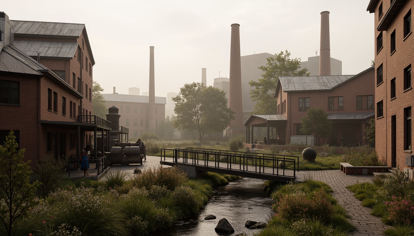 Prompt: Industrial factory complex, rustic brick buildings, corrugated metal roofs, worn concrete walls, vintage machinery, abandoned chimneys, overgrown vegetation, wildflowers, meandering streams, misty atmosphere, soft warm lighting, shallow depth of field, 3/4 composition, panoramic view, realistic textures, ambient occlusion, regionalism-inspired architecture, modern industrial design, functional spaces, exposed ductwork, metal catwalks, reclaimed wood accents, earthy color palette, natural stone pathways, weathered steel bridges.