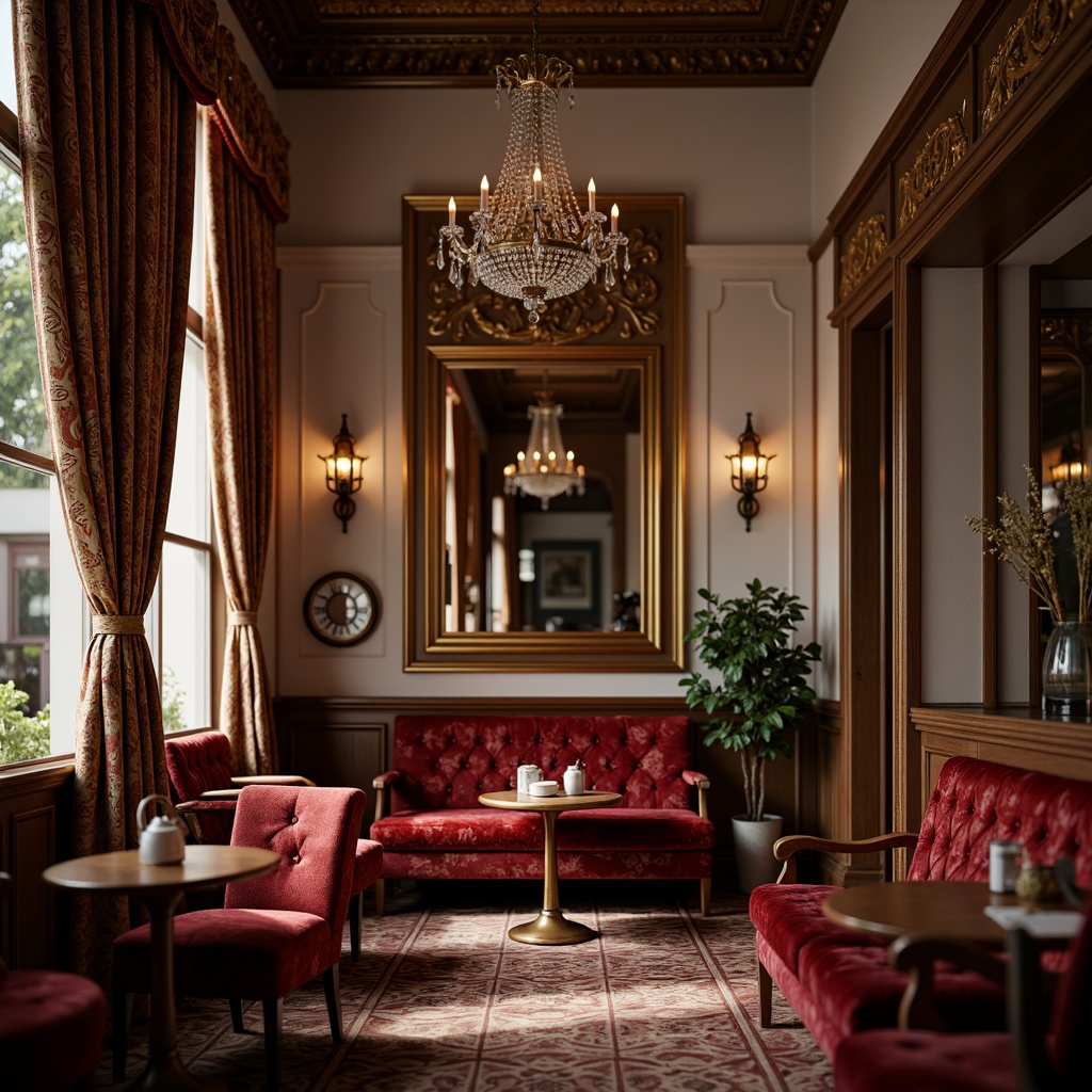 Prompt: Luxurious coffee shop interior, rich velvet fabrics, ornate golden frames, intricate brocade patterns, plush crimson sofas, lavish silk drapes, antique wooden accents, ornamental mirrors, crystal chandeliers, warm candlelight, soft focus, shallow depth of field, 1/2 composition, realistic textures, ambient occlusion.