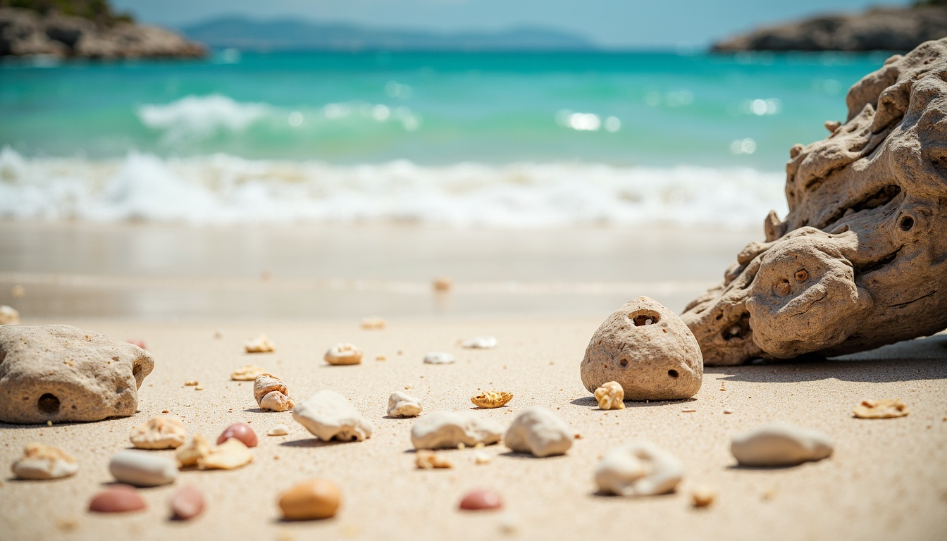 Prompt: Warm sandy shores, crystal-clear turquoise waters, seashell fragments, driftwood textures, ocean breeze, sunny day, soft warm lighting, shallow depth of field, 3/4 composition, panoramic view, realistic textures, ambient occlusion, calming color palette, soothing blues and whites, natural earthy tones, weathered wood accents, sea-salt air, gentle wave movements, beachy vibes.