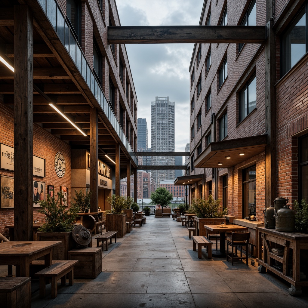 Prompt: Rustic industrial factory, exposed brick walls, metallic beams, reclaimed wood accents, distressed concrete floors, vintage machinery, urban cityscape, cloudy grey sky, warm soft lighting, shallow depth of field, 1/1 composition, realistic textures, ambient occlusion, worn wooden crates, old-fashioned lanterns, faded signage, eclectic mix of materials, post-industrial aesthetic, nostalgic atmosphere.