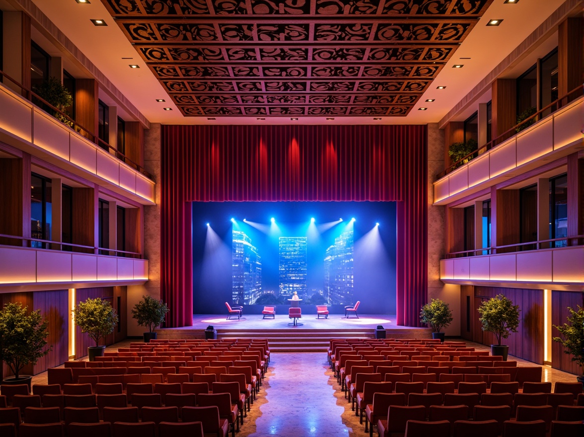 Prompt: Vibrant concert hall, rich wood tones, warm golden lighting, bold red accents, sleek metallic surfaces, polished marble floors, grand staircase, ornate balconies, luxurious velvet drapes, dramatic spotlights, dynamic sound waves, electric blue hues, deep purple shades, abstract geometric patterns, futuristic LED installations, urban cityscape backdrop, misty evening atmosphere, shallow depth of field, 1/1 composition, cinematic lighting, realistic textures.