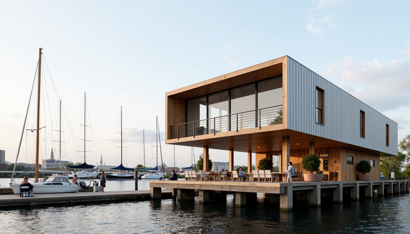 Prompt: Waterfront location, wooden dock, sailboats, modern boathouse, international style facade, large windows, sliding glass doors, minimalist design, neutral color palette, natural wood accents, corrugated metal roofing, cantilevered upper floor, outdoor seating area, nautical-themed decor, warm soft lighting, shallow depth of field, 1/1 composition, realistic textures, ambient occlusion.