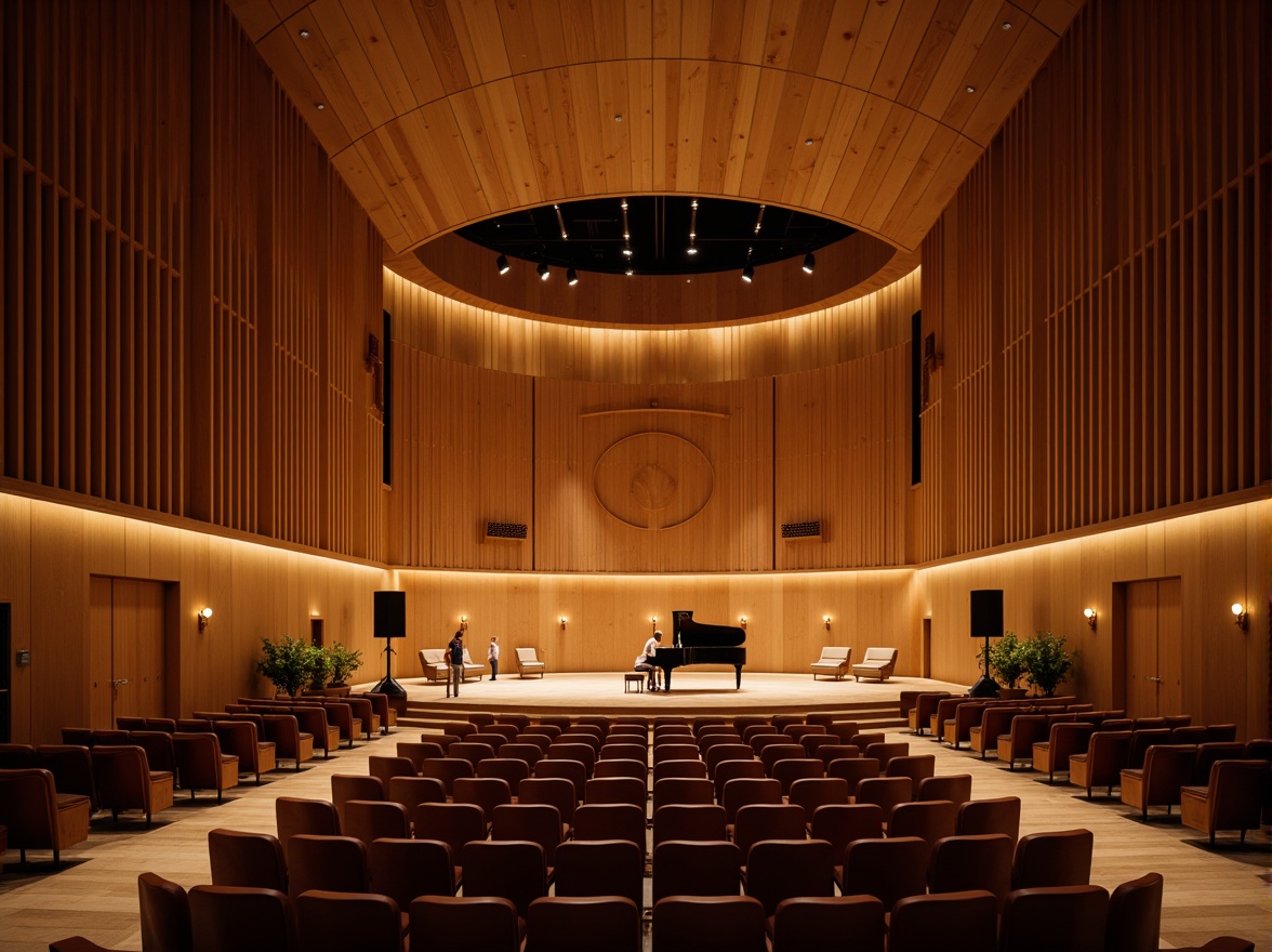 Prompt: Intimate concert hall, wooden acoustic panels, sound-absorbing materials, curved lines, minimalist decor, warm ambient lighting, shallow stage, grand piano, professional audio equipment, microphone stands, speaker systems, soundproofing, reverberation control, optimal seating arrangement, 3/4 composition, soft focus, warm color palette, realistic textures.