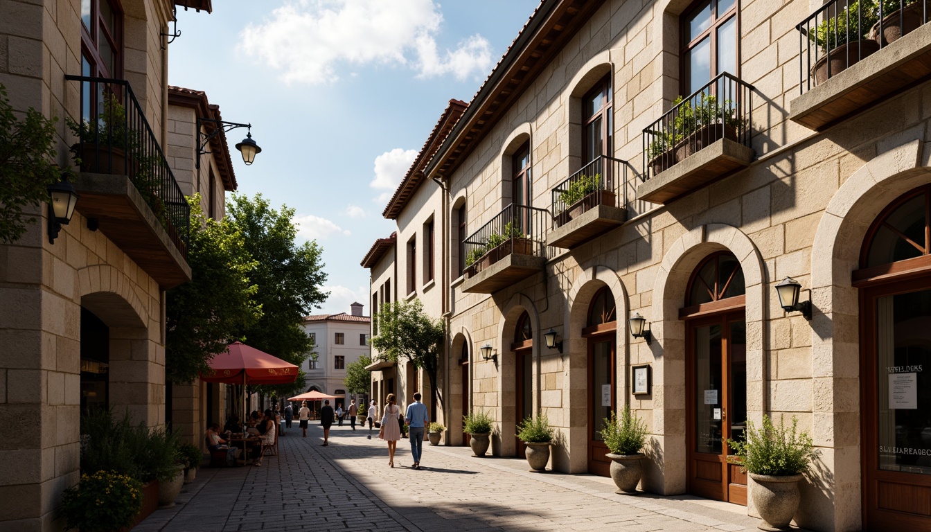 Prompt: Rustic market square, vintage street lamps, ornate ironwork, distressed stone walls, curved balconies, wooden shutters, flower-filled window boxes, soft warm lighting, shallow depth of field, 3/4 composition, panoramic view, realistic textures, ambient occlusion, romantic European-inspired architecture, intricate stonework, decorative cornices, grand entranceways, ornate doorways, elegant arches, vibrant colorful awnings, lively street performers, bustling market atmosphere.