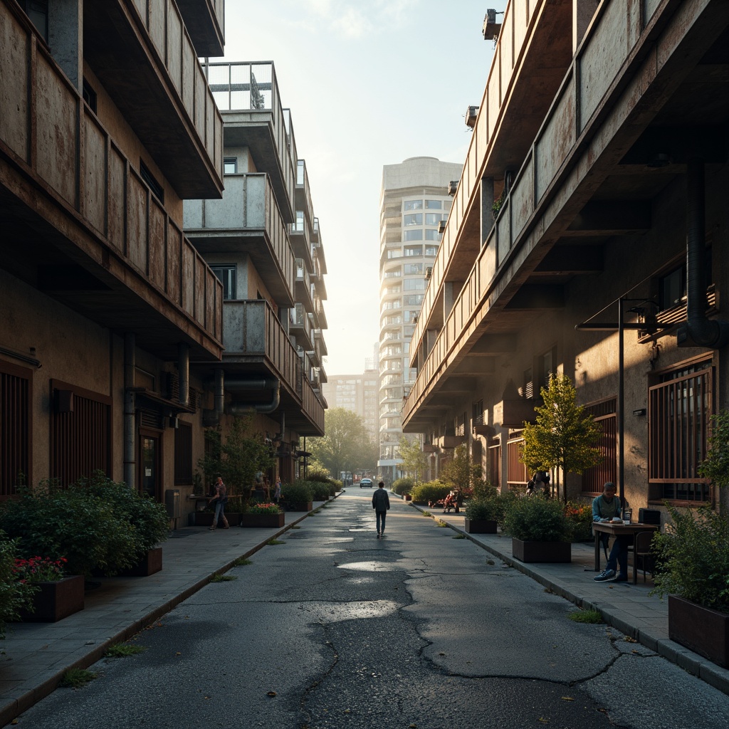 Prompt: Industrial landscape, rugged concrete roads, metallic buildings, exposed ductwork, steel beams, industrial pipes, mechanical equipment, urban cityscape, misty atmosphere, warm golden lighting, shallow depth of field, 2/3 composition, realistic textures, ambient occlusion, muted color palette, earthy tones, rusty reds, deep blues, weathered wood accents, distressed metal finishes, functional design elements.