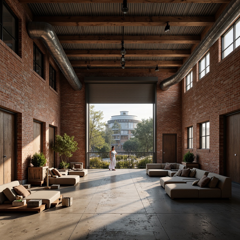 Prompt: Rustic industrial landscape, abandoned factories, worn brick walls, distressed metal roofs, reclaimed wood accents, earthy tones, natural textures, regional materials, local craftsmanship, exposed ductwork, concrete floors, steel beams, functional minimalism, industrial chic aesthetic, warm soft lighting, shallow depth of field, 1/1 composition, realistic renderings, ambient occlusion.