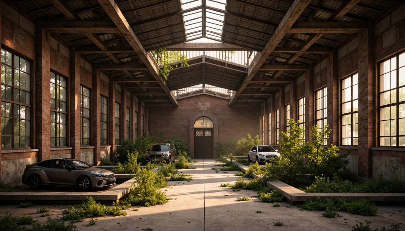 Prompt: Rustic industrial landscape, abandoned factories, distressed brick walls, corrugated metal roofs, worn wooden beams, vintage machinery, urban decay, overgrown vegetation, gritty urban atmosphere, warm golden lighting, shallow depth of field, 1/2 composition, cinematic view, realistic textures, ambient occlusion, nostalgic mood, retro-futuristic elements, exposed ductwork, concrete floors, steel columns, reclaimed wood accents, industrial chic aesthetic.