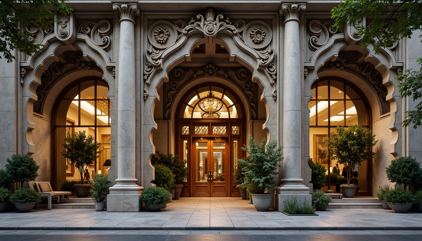 Prompt: Intricate bank facade, ornate stone carvings, flowing organic lines, curved wooden doors, stained glass windows, grand entrance hall, marble floors, polished bronze fixtures, natural stone walls, lush greenery, potted plants, warm ambient lighting, soft focus, shallow depth of field, 1/2 composition, realistic textures, ambient occlusion.