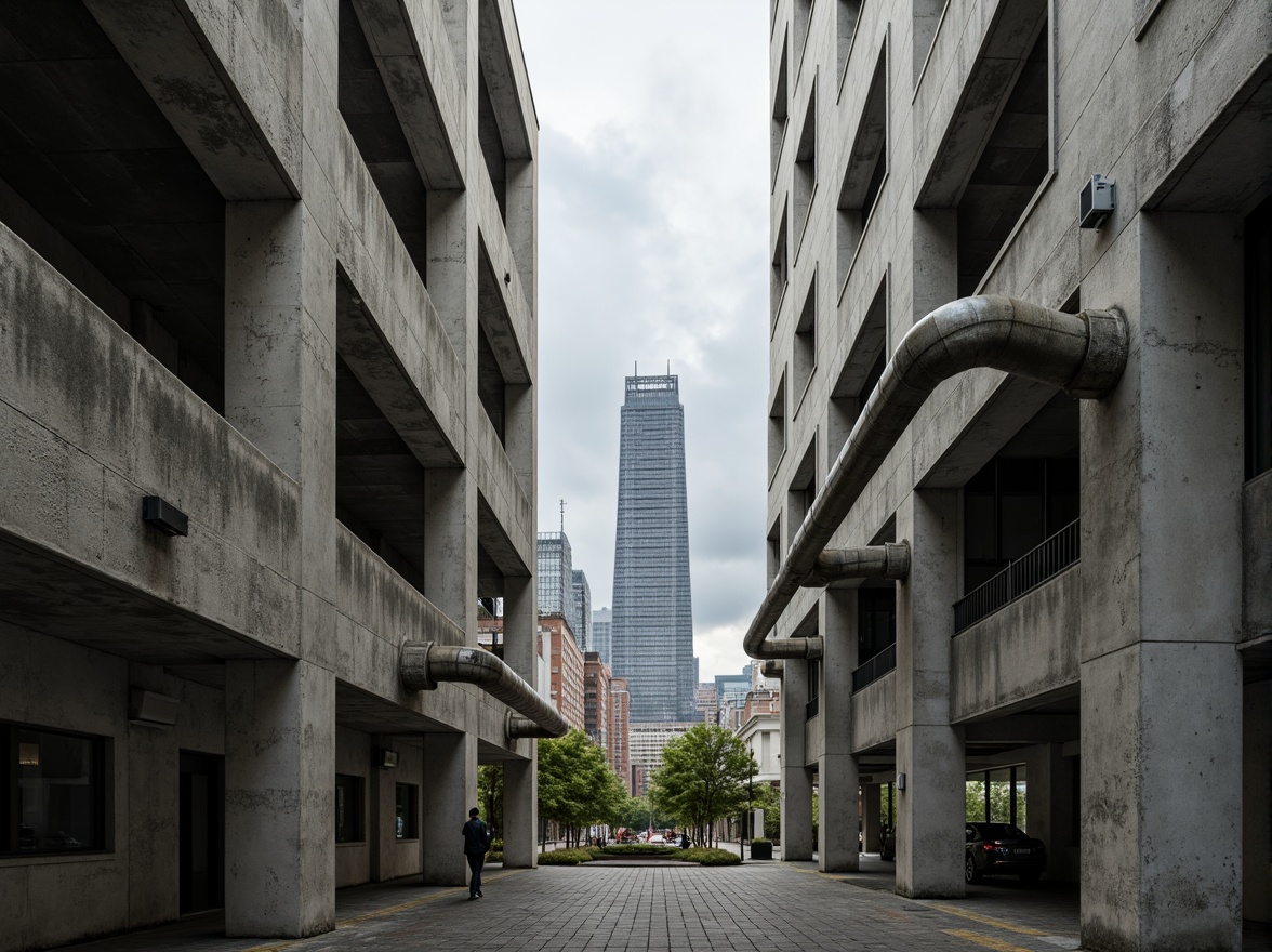 Prompt: Rugged concrete walls, exposed ductwork, industrial pipes, raw steel beams, brutalist architecture, fortress-like structures, monumental scale, geometric shapes, angular lines, minimal ornamentation, functional simplicity, urban landscapes, city skylines, overcast skies, dramatic shadows, high-contrast lighting, 1/1 composition, symmetrical framing, gritty textures, ambient occlusion.