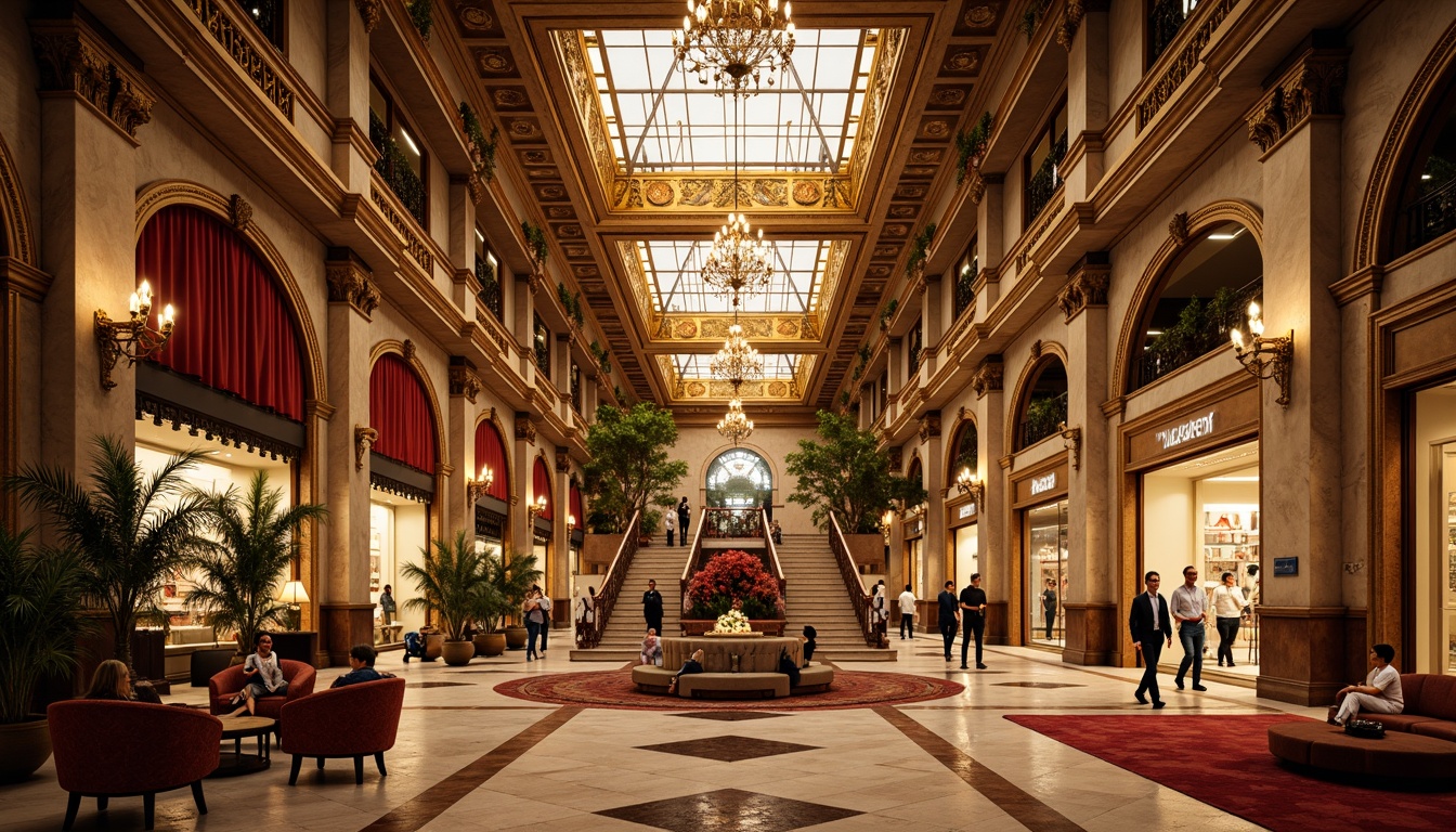 Prompt: Richly ornate shopping center, grandiose architecture, opulent chandeliers, lavish furnishings, intricate marble patterns, gilded accents, warm golden lighting, luxurious velvet drapes, ornamental frescoes, majestic staircases, regal red carpets, Baroque-inspired columns, dramatic archways, soft focus, shallow depth of field, 1/2 composition, warm color harmony, realistic textures, ambient occlusion.