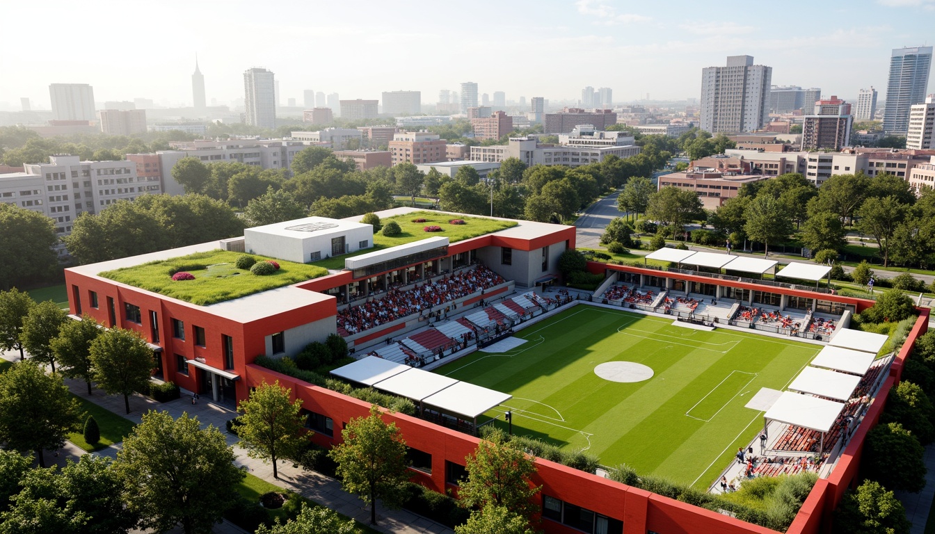 Prompt: Vibrant soccer stadium, social housing complex, bold team colors, dynamic architecture, angular lines, modern fa\u00e7ade, green roofs, eco-friendly materials, innovative ventilation systems, shaded outdoor spaces, misting systems, urban landscape, city skyline, sunny day, soft warm lighting, shallow depth of field, 3/4 composition, panoramic view, realistic textures, ambient occlusion.