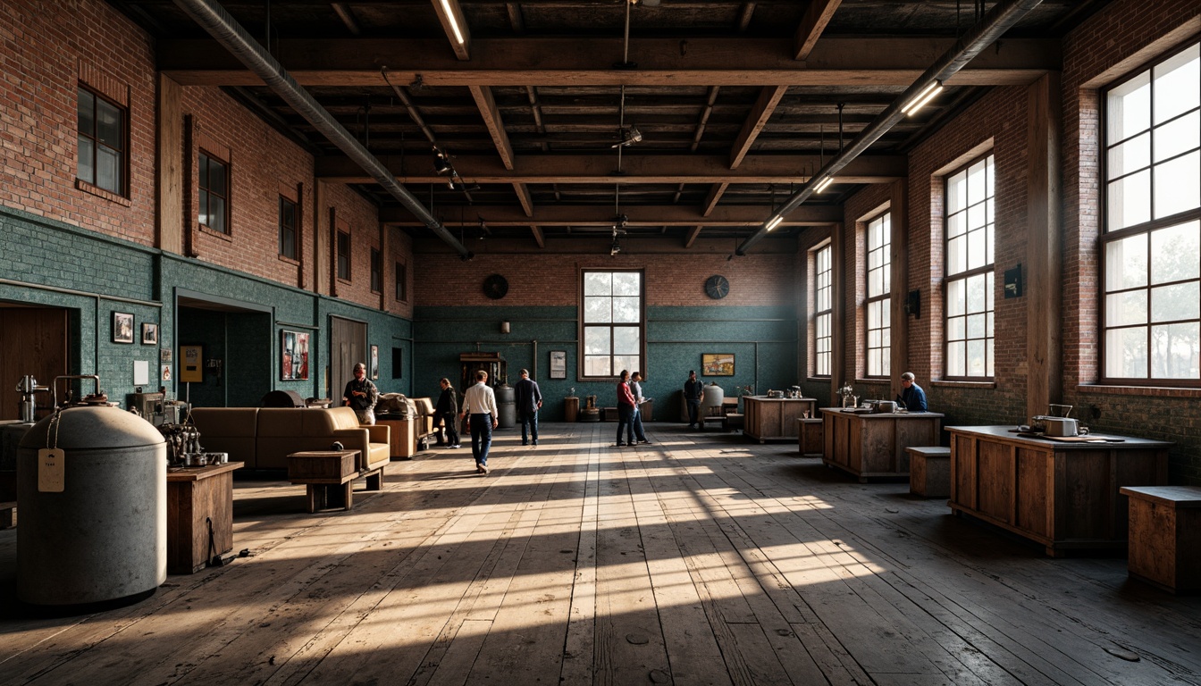 Prompt: Industrial factory setting, exposed brick walls, metal beams, worn wooden floors, vintage machinery, distressed textures, earthy tones, muted colors, rusty reds, weathered blues, faded yellows, industrial greys, urban atmosphere, gritty realism, high contrast lighting, dramatic shadows, cinematic composition, 1/2 camera angle, realistic renderings, ambient occlusion.