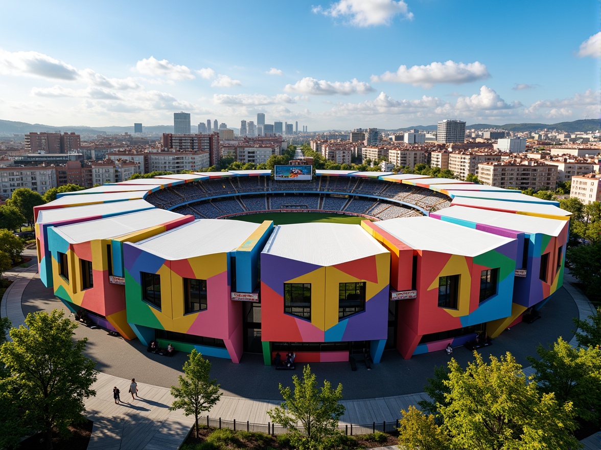 Prompt: Vibrant soccer stadium, social housing facade, bold color scheme, dynamic curves, angular lines, modern architecture, cantilevered roofs, large windows, metal cladding, concrete structures, urban landscape, city skyline, sunny day, dramatic lighting, shallow depth of field, 1/1 composition, realistic textures, ambient occlusion, lively atmosphere, energetic vibe, community spirit.