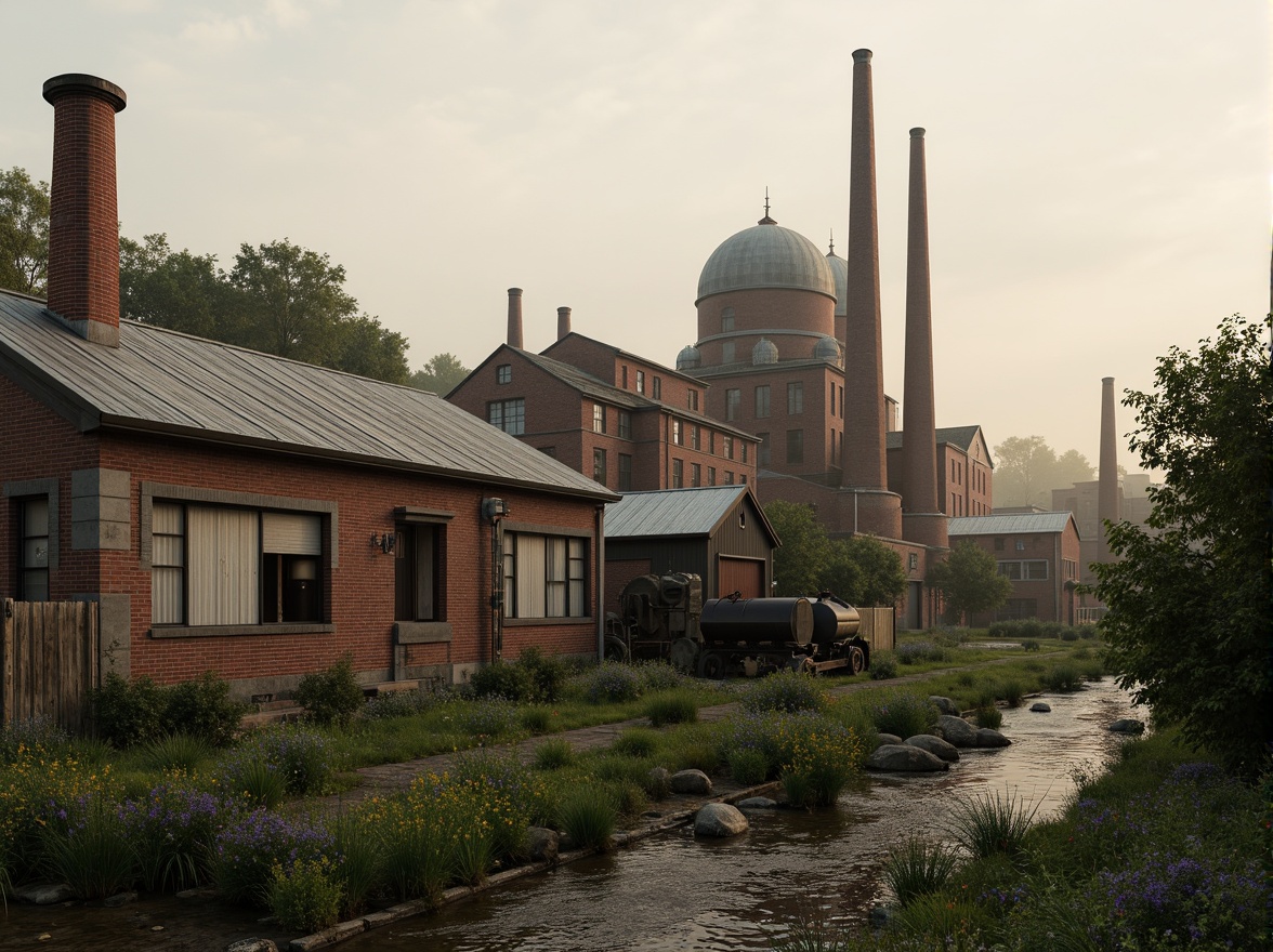 Prompt: Industrial factory complex, rustic brick buildings, corrugated metal roofs, worn concrete walls, vintage machinery, abandoned chimneys, overgrown vegetation, wildflowers, meandering streams, misty atmosphere, soft warm lighting, shallow depth of field, 3/4 composition, panoramic view, realistic textures, ambient occlusion, regionalist architectural style, functional simplicity, earthy color palette, distressed finishes, reclaimed wood accents, metal cladding, industrial heritage, nostalgic ambiance.