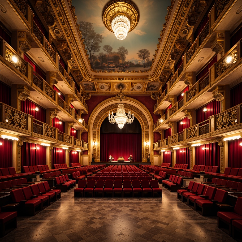 Prompt: Luxurious opera house interior, rich velvet curtains, ornate golden balconies, polished marble floors, intricate fresco ceilings, grand crystal chandeliers, plush red seats, carved wooden paneling, gilded moldings, soft warm lighting, shallow depth of field, 3/4 composition, panoramic view, realistic textures, ambient occlusion.