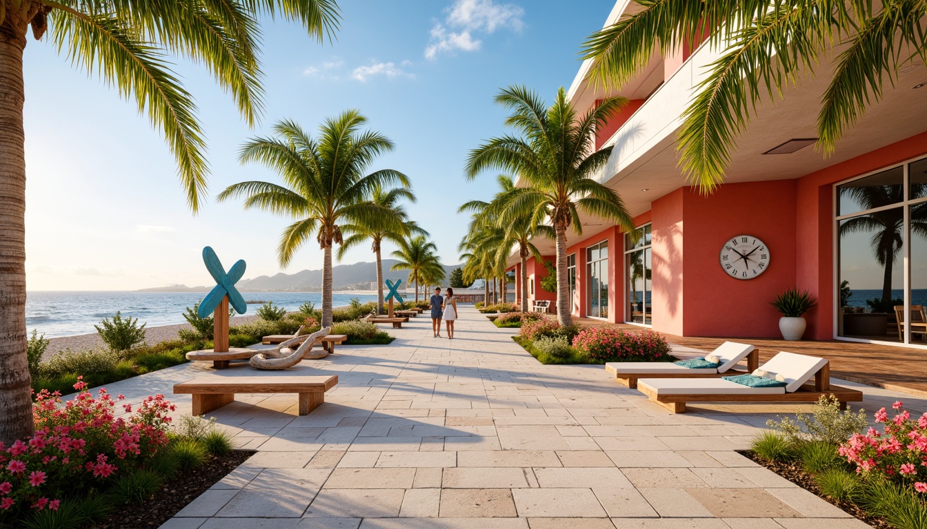 Prompt: Sandy beachside cultural center, tropical palm trees, vibrant hibiscus flowers, ocean-inspired sculptures, driftwood benches, seaside promenade, modern architecture, large glass windows, sliding doors, natural stone flooring, coral-colored walls, nautical-themed decor, warm sunny day, soft golden lighting, shallow depth of field, 1/2 composition, panoramic view, realistic textures, ambient occlusion.