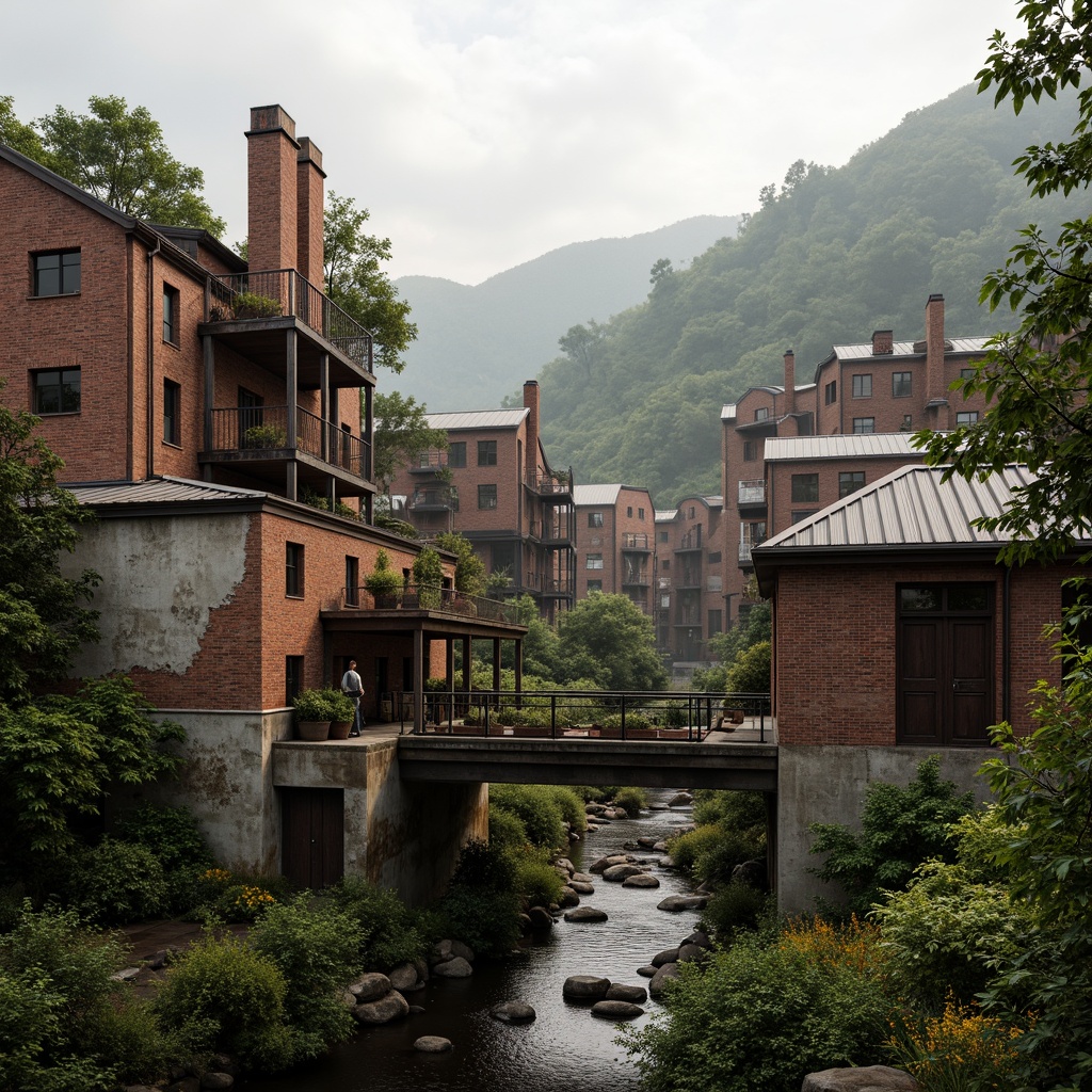 Prompt: Industrial factory complex, rustic brick buildings, corrugated metal roofs, worn concrete walls, vintage machinery, abandoned chimneys, overgrown vegetation, wildflowers, meandering streams, misty atmosphere, soft warm lighting, shallow depth of field, 3/4 composition, panoramic view, realistic textures, ambient occlusion, regionalism-inspired architecture, modern industrial design, functional spaces, exposed ductwork, metal catwalks, reclaimed wood accents, earthy color palette, natural stone pathways, weathered steel bridges.