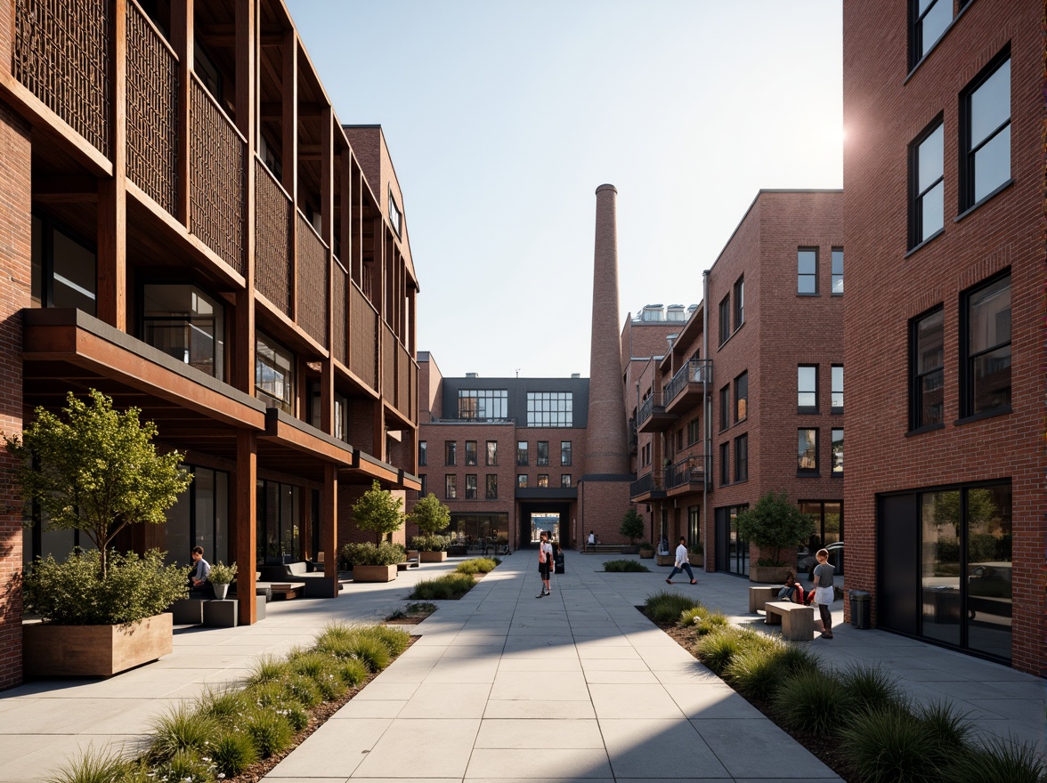 Prompt: Industrial heritage site, exposed brick buildings, rusty metal structures, reclaimed wood accents, vintage factory equipment, urban renewal, mixed-use development, adaptive reuse, modern amenities, sleek glass facades, minimalist interiors, polished concrete floors, industrial chic decor, natural light pouring in, airy open spaces, communal courtyards, pedestrian-friendly walkways, vibrant street art, eclectic neighborhood vibe, warm golden lighting, shallow depth of field, 2/3 composition, realistic textures, ambient occlusion.