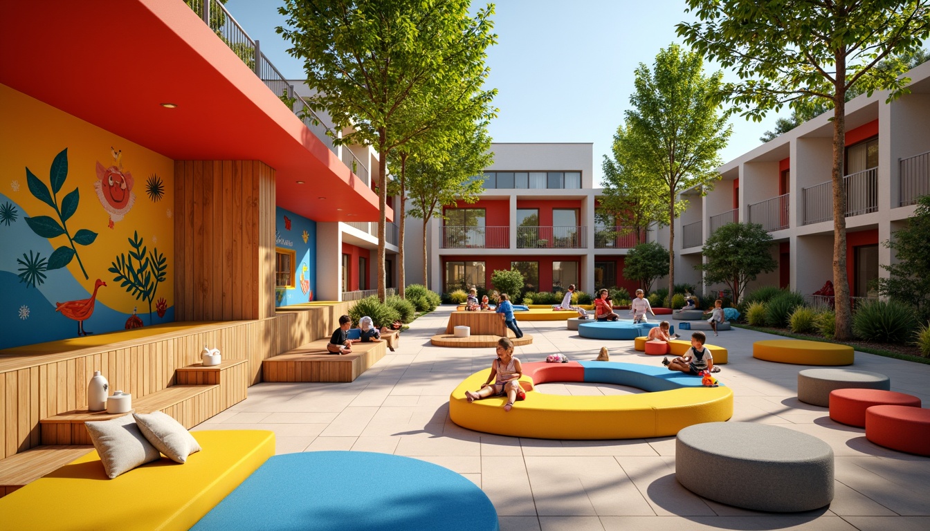 Prompt: Vibrant playground, bright color accents, whimsical murals, playful furniture, soft cushions, rounded shapes, natural wood textures, bold geometric patterns, sunny day, warm lighting, shallow depth of field, 1/1 composition, realistic renderings, ambient occlusion.