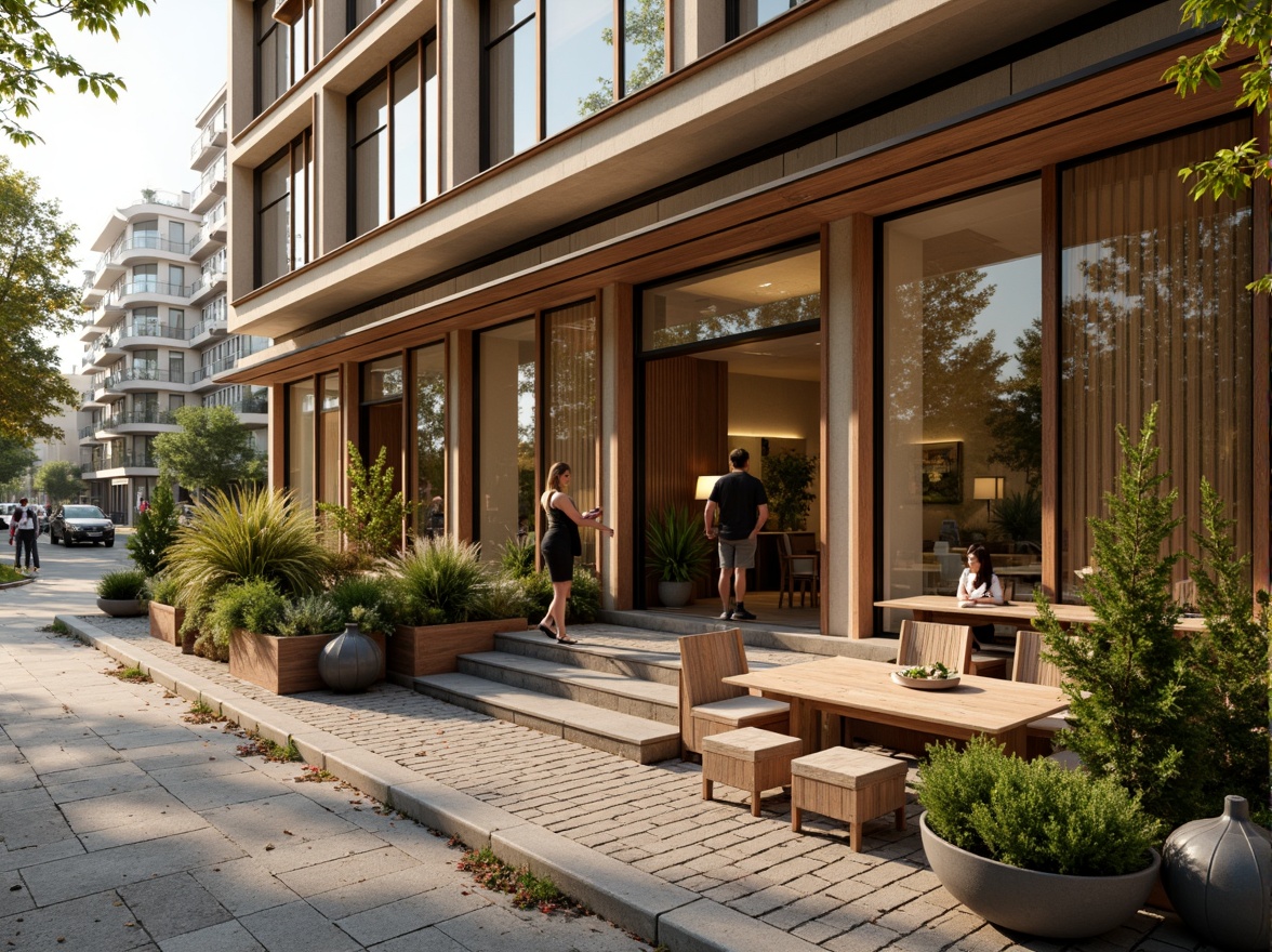 Prompt: Warm beige exterior walls, large glass windows, wooden accents, modern minimalist design, inviting entrance, outdoor seating area, lush greenery, potted plants, natural stone flooring, rustic metal decorations, soft warm lighting, shallow depth of field, 1/1 composition, realistic textures, ambient occlusion, urban cityscape, busy street scene, morning sunlight, gentle breeze.