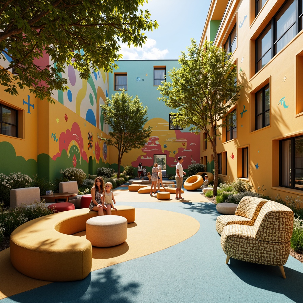 Prompt: Vibrant playground, bright color accents, whimsical murals, playful furniture, soft cushions, rounded shapes, natural wood textures, bold geometric patterns, sunny day, warm lighting, shallow depth of field, 1/1 composition, realistic renderings, ambient occlusion.