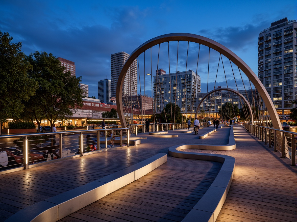 Prompt: Curved pedestrian bridge, sleek metal railings, wooden decking, modern urban landscape, city skyline, vibrant streetlights, bustling streets, dynamic structural elements, cantilevered sections, suspension cables, geometric shapes, minimalist design, functional lighting, safety features, accessible ramps, staircases, observation decks, panoramic views, realistic textures, ambient occlusion, shallow depth of field, 3/4 composition.