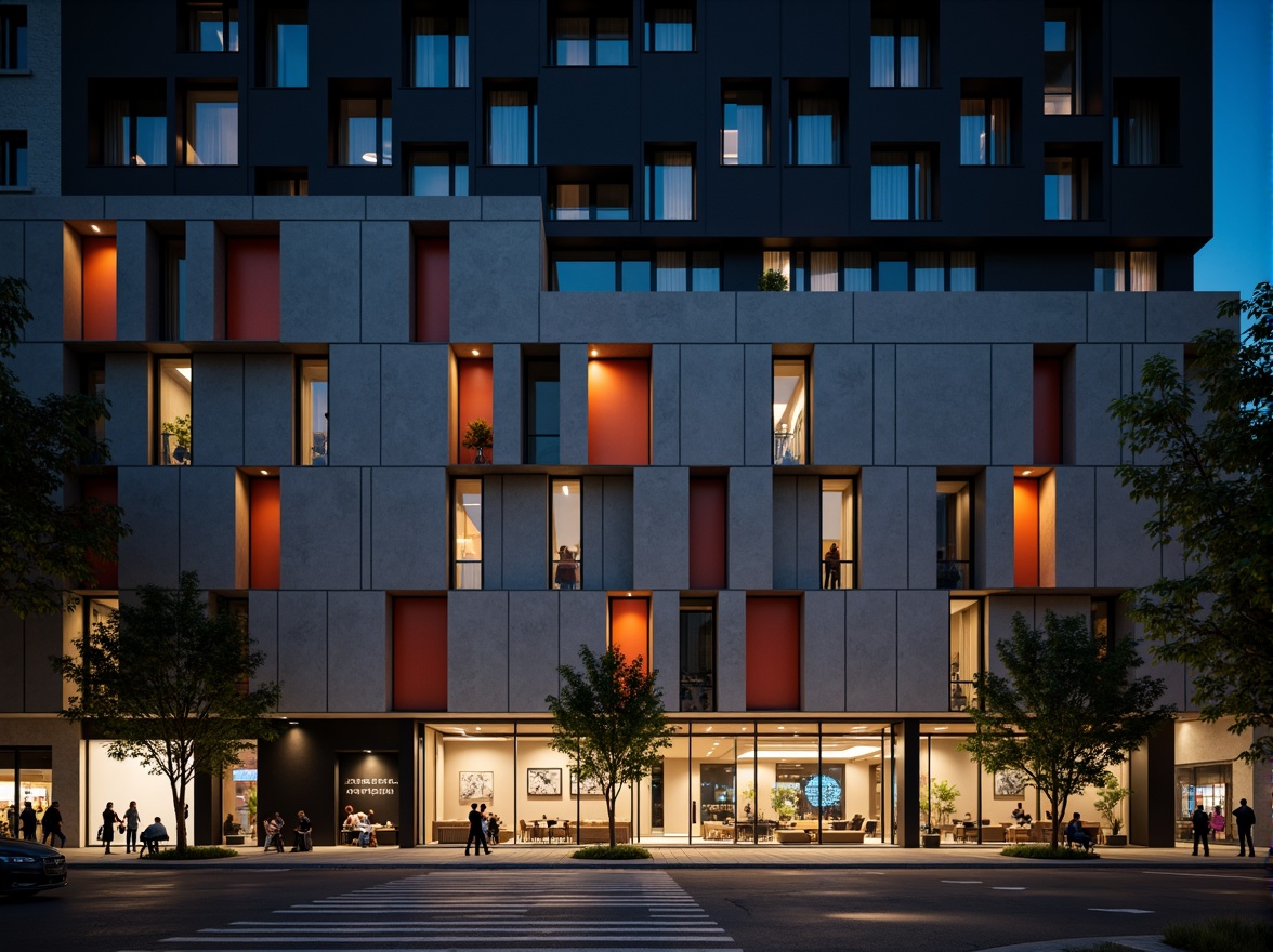 Prompt: Geometric hotel facade, asymmetrical composition, rectangular windows, industrial materials, raw concrete walls, steel beams, minimalist decor, functional simplicity, bold color accents, abstract artwork, urban cityscape, busy streets, modern streetlights, dramatic nighttime lighting, low-angle shot, 1/2 composition, high-contrast tone, cinematic atmosphere, brutalist architecture, clean lines, rectangular shapes, functional minimalism.