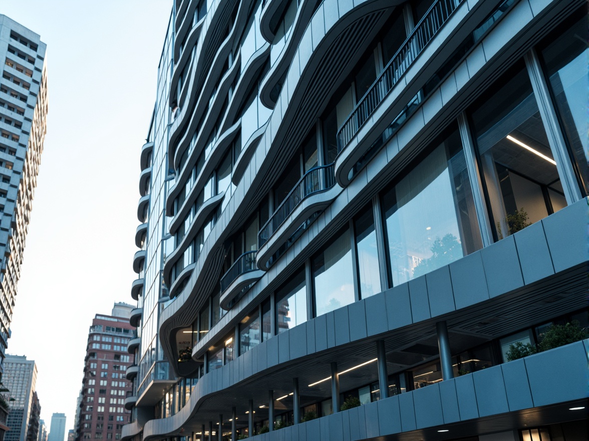 Prompt: Curved building facade, metallic materials, chrome accents, horizontal lines, rounded edges, nautical-inspired design, oceanic blue hues, wave-like patterns, minimalist ornamentation, functional simplicity, urban cityscape, morning sunlight, soft shadows, shallow depth of field, 2/3 composition, symmetrical framing, realistic reflections, ambient occlusion.