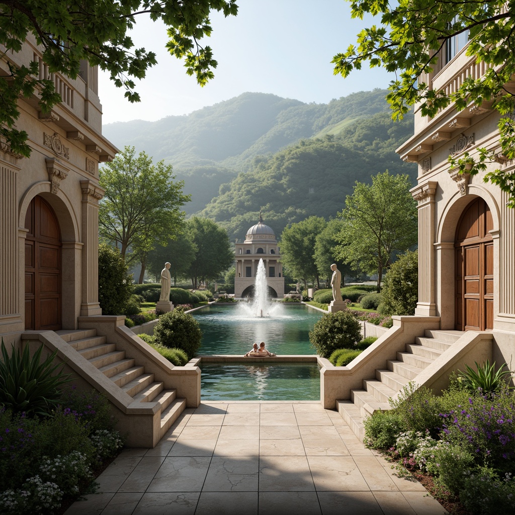 Prompt: Rolling hills, lush greenery, serene lakeside, majestic fountains, ornate statues, grand staircases, symmetrical gardens, classical columns, arches, domes, marble floors, intricate moldings, ornate facades, subtle color palette, soft warm lighting, shallow depth of field, 3/4 composition, panoramic view, realistic textures, ambient occlusion.