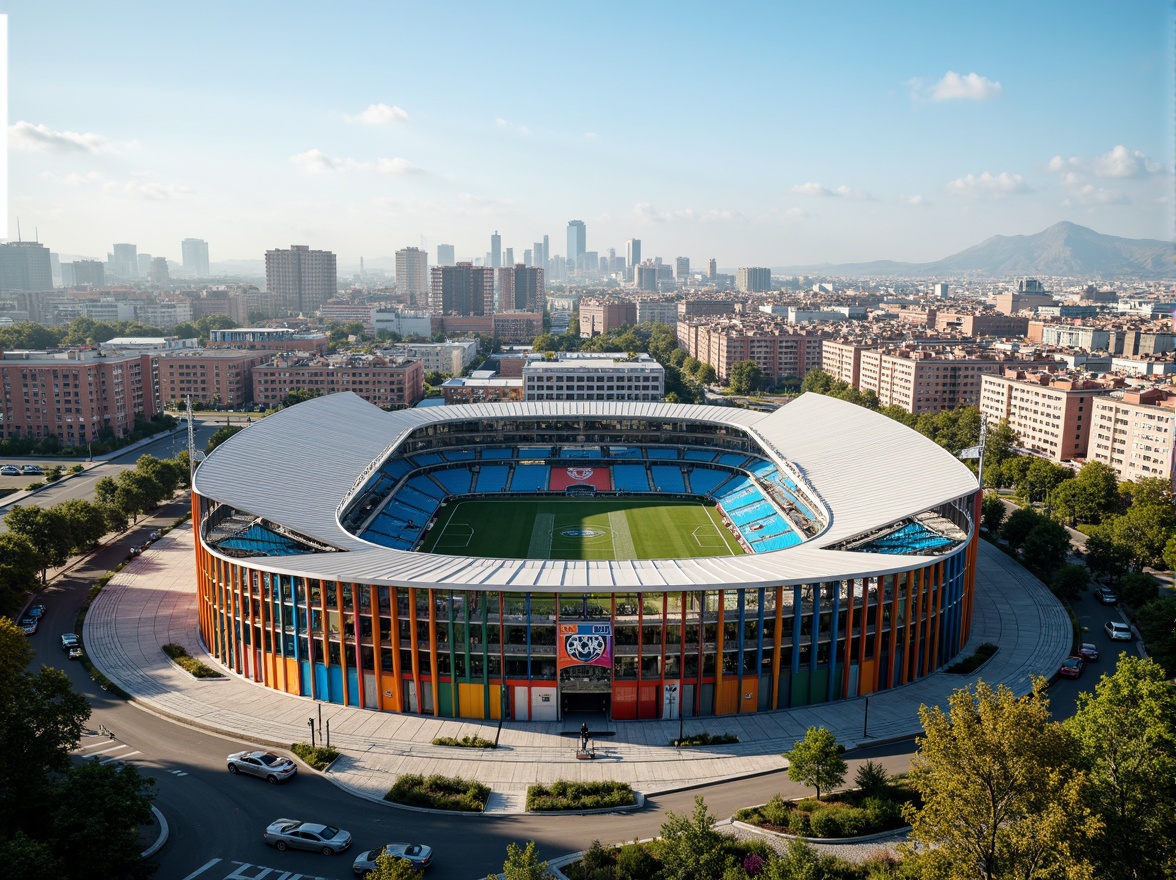 Prompt: Vibrant soccer stadium, social housing facade, bold color scheme, dynamic curves, angular lines, modern architecture, cantilevered roofs, large windows, metal cladding, concrete structures, urban landscape, city skyline, sunny day, dramatic lighting, shallow depth of field, 3/4 composition, panoramic view, realistic textures, ambient occlusion.