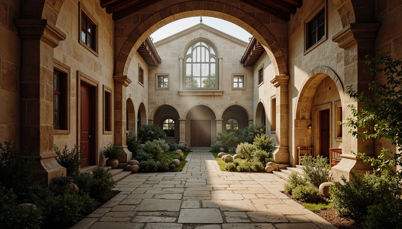 Prompt: Serene monastery courtyard, rustic stone walls, wooden accents, stained glass windows, vaulted ceilings, grand arches, ornate carvings, peaceful cloisters, natural light pouring through clerestory windows, warm golden tones, soft diffused lighting, subtle shadows, 1/1 composition, intimate atmosphere, realistic textures, ambient occlusion, misty morning, gentle sunlight, subtle color palette.