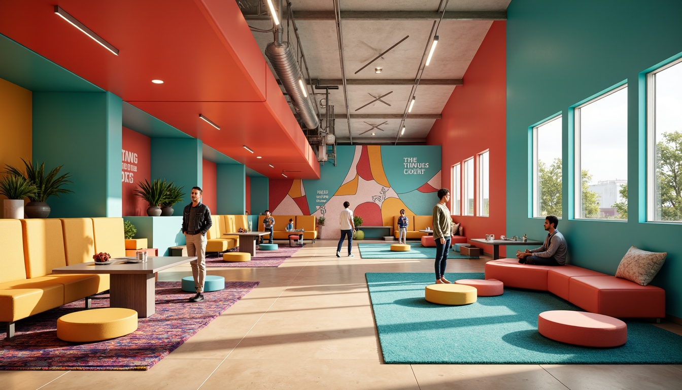 Prompt: Vibrant youth center, energetic atmosphere, bold color scheme, bright coral walls, lively turquoise accents, warm beige floors, modern minimalist furniture, sleek metal fixtures, playful patterned rugs, inspirational quotes, natural light pouring in, large windows, open spaces, collaborative zones, cozy reading nooks, dynamic lighting, 1/1 composition, soft focus, realistic textures.