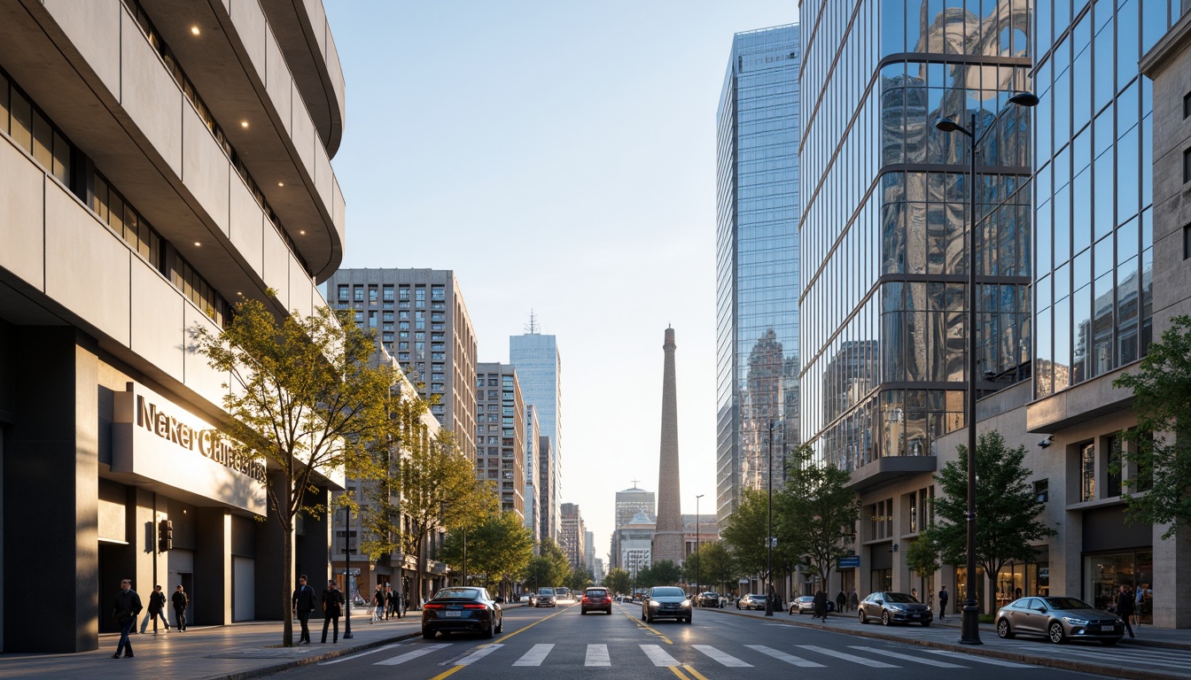 Prompt: Sleek modern buildings, curved lines, metallic surfaces, reflective glass facades, monochromatic color scheme, neutral tones, creamy whites, dark grays, bold accents, vibrant blues, warm beige, industrial materials, urban cityscape, busy streets, morning sunlight, soft shadows, 1/1 composition, symmetrical framing, high contrast lighting, realistic reflections.