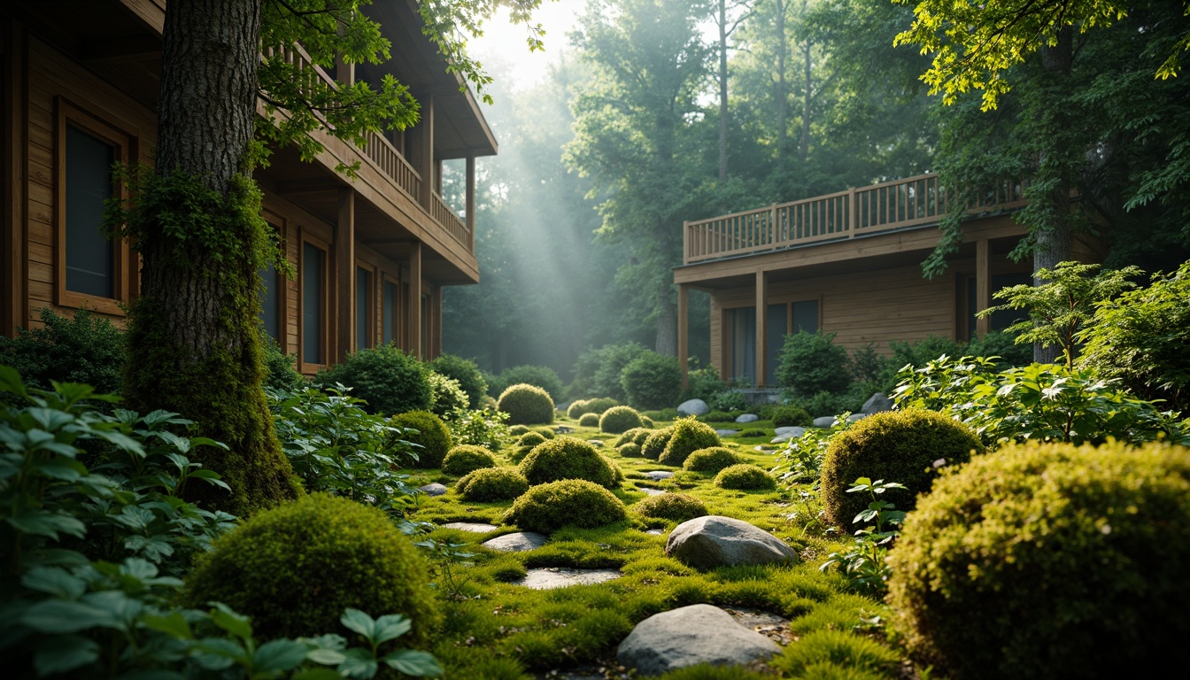 Prompt: Mossy forest floor, lush greenery, misty atmosphere, natural stone walls, wooden accents, earthy tones, organic textures, soft warm lighting, shallow depth of field, 3/4 composition, panoramic view, realistic foliage, ambient occlusion, serene ambiance, whimsical details, intricate patterns, nature-inspired design.