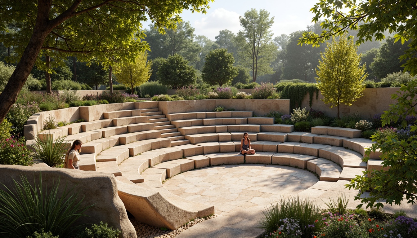 Prompt: Organic amphitheater, natural stone seating, lush greenery, curved lines, earthy tones, warm beige colors, rustic wooden accents, soft diffused lighting, dappled shade, afternoon sunbeams, gentle breeze, open-air atmosphere, panoramic views, 3/4 composition, shallow depth of field, realistic textures, ambient occlusion.