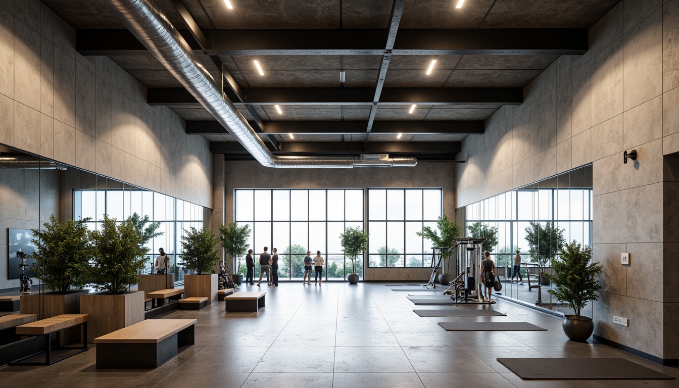 Prompt: Minimalist gym interior, industrial-style flooring, exposed ductwork, concrete walls, steel beams, functional lighting, sleek equipment stations, mirrored walls, polished metal accents, modern fitness machines, free weights area, yoga mats, wooden benches, natural stone accents, abundant natural light, high ceilings, open spaces, 1/1 composition, softbox lighting, realistic textures, ambient occlusion.