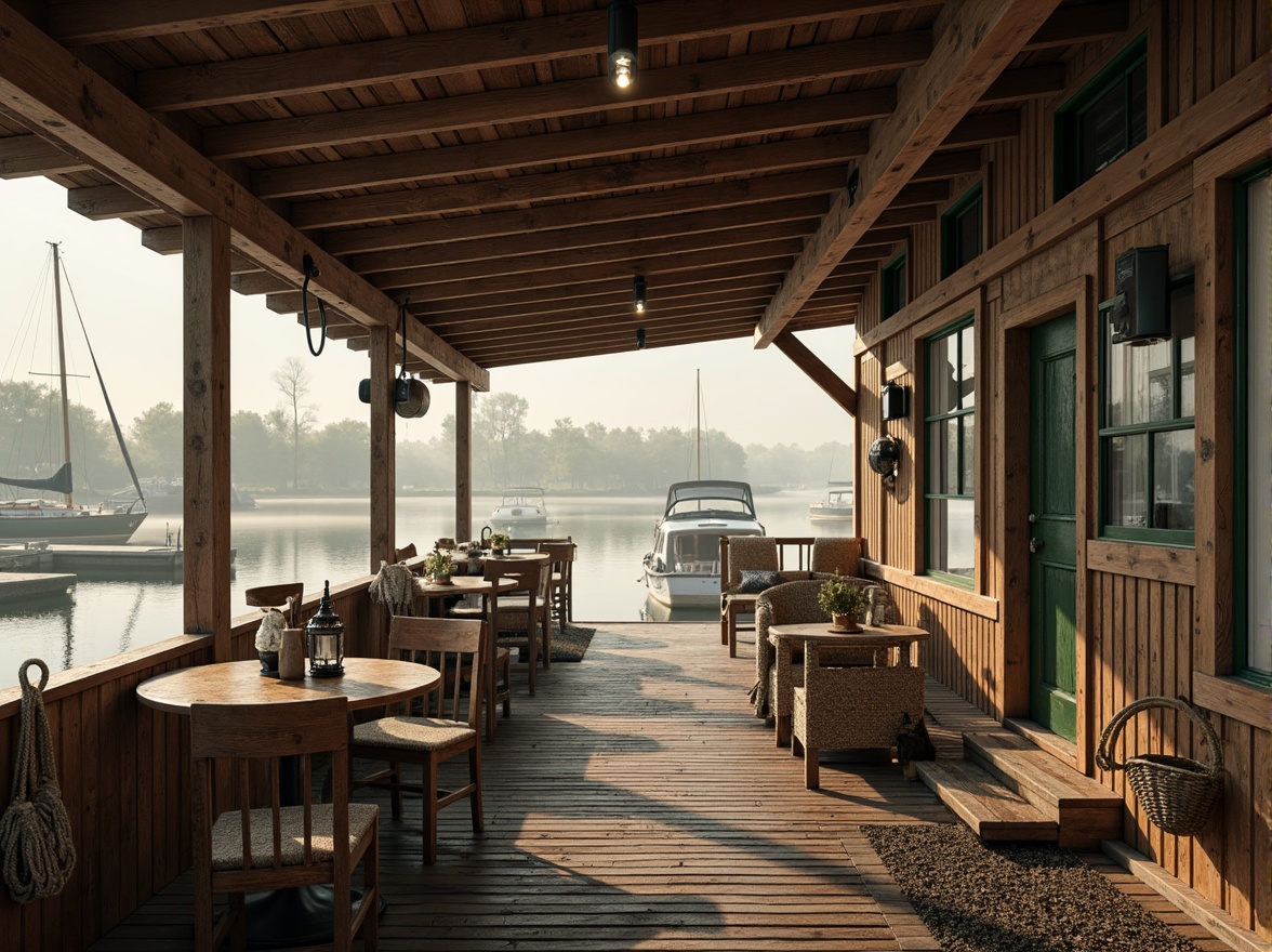 Prompt: Weathered wooden docks, rustic nautical ropes, vintage sailboats, serene lake scenery, misty morning atmosphere, soft warm lighting, natural stone foundations, classic boathouse architecture, earthy brown color palette, muted green accents, creamy white trim, distressed wood textures, ornate metal fixtures, elegant lanterns, cozy interior spaces, plush furnishings, rich wood tones, subtle nautical patterns, nostalgic ambiance, shallow depth of field, 1/1 composition, realistic reflections.