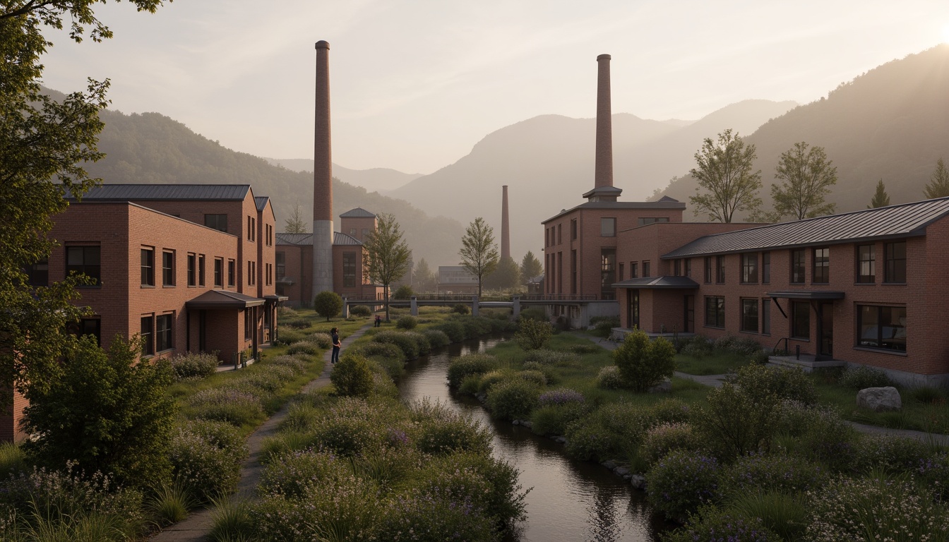 Prompt: Industrial factory complex, rustic brick buildings, corrugated metal roofs, worn concrete walls, vintage machinery, abandoned chimneys, overgrown vegetation, wildflowers, meandering streams, misty atmosphere, soft warm lighting, shallow depth of field, 3/4 composition, panoramic view, realistic textures, ambient occlusion, regionalism-inspired architecture, modern industrial design, functional spaces, exposed ductwork, metal catwalks, reclaimed wood accents, earthy color palette, natural stone pathways, weathered steel bridges.