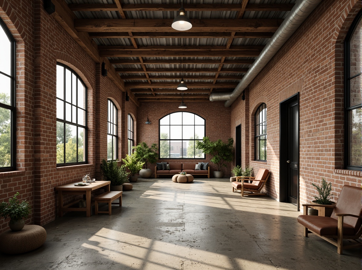 Prompt: Rustic industrial landscape, abandoned factories, worn brick walls, distressed metal roofs, reclaimed wood accents, earthy tones, natural textures, regional materials, local craftsmanship, exposed ductwork, concrete floors, steel beams, functional minimalism, industrial chic aesthetic, warm soft lighting, shallow depth of field, 1/1 composition, realistic renderings, ambient occlusion.