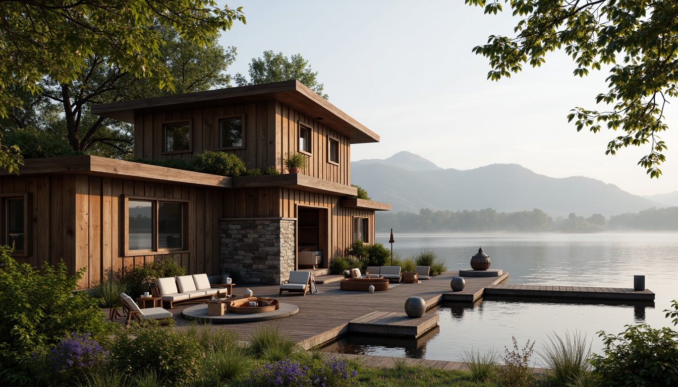 Prompt: Waterfront boathouse, rustic wooden docks, vintage nautical elements, lush greenery, blooming flowers, serene lake views, misty morning atmosphere, soft warm lighting, shallow depth of field, 3/4 composition, panoramic view, realistic textures, ambient occlusion, classic architectural details, ornate wooden trim, stone foundations, natural materials, earthy color palette, cozy interior spaces, plush furnishings, nautical-themed decor, vintage boat models, fishing nets, rustic metal lanterns.