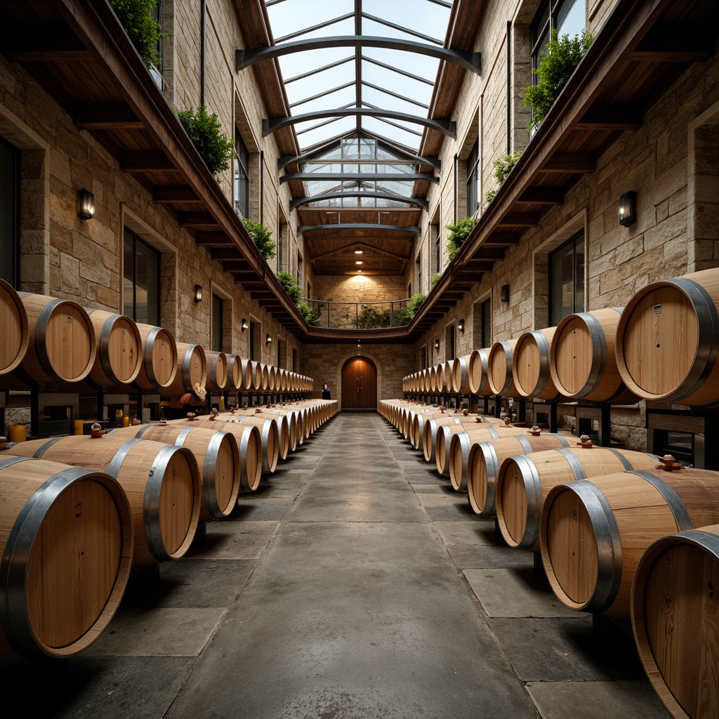 Prompt: Rustic winery, wooden barrels, stone walls, earthy tones, natural lighting, reclaimed wood accents, metal fermentation tanks, glass ceilings, modern industrial design, sleek steel beams, polished concrete floors, wine cellar ambiance, dim warm lighting, soft focus, shallow depth of field, 1/2 composition, realistic textures, ambient occlusion.