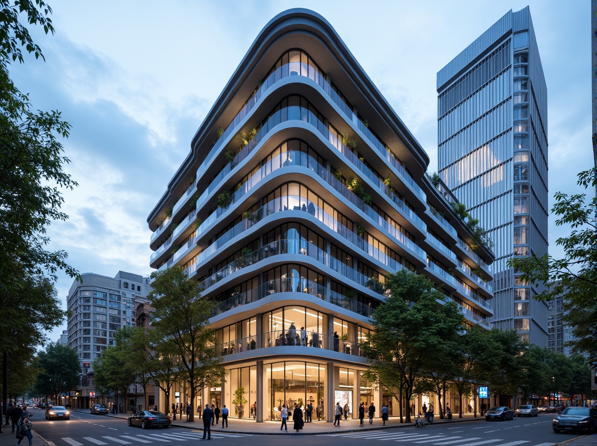 Prompt: Curved building facade, metallic materials, polished chrome accents, horizontal lines, rounded corners, minimalist ornamentation, large glass windows, sliding doors, cantilevered balconies, urban cityscape, busy streets, modern skyscrapers, cloudy blue sky, soft natural light, shallow depth of field, 2/3 composition, symmetrical framing, high-contrast lighting, detailed textures, ambient occlusion.