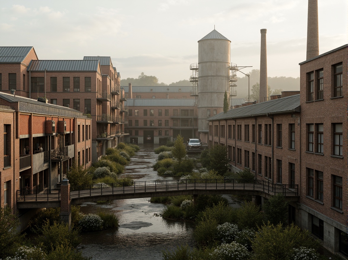 Prompt: Industrial factory complex, rustic brick buildings, corrugated metal roofs, worn concrete walls, vintage machinery, abandoned chimneys, overgrown vegetation, wildflowers, meandering streams, misty atmosphere, soft warm lighting, shallow depth of field, 3/4 composition, panoramic view, realistic textures, ambient occlusion, regionalism-inspired architecture, modern industrial design, functional spaces, exposed ductwork, metal catwalks, reclaimed wood accents, earthy color palette, natural stone pathways, weathered steel bridges.