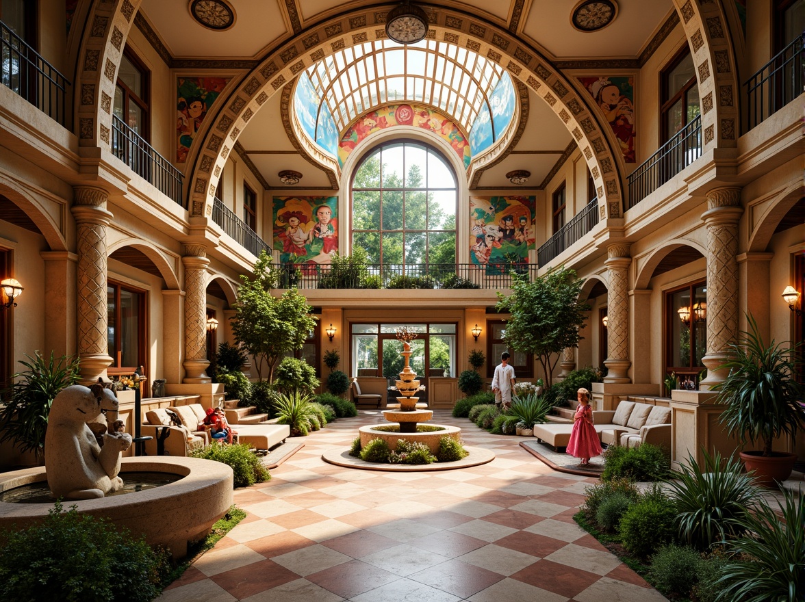 Prompt: Intricate kindergarten, ornate Baroque architecture, lavish decorations, golden accents, curved lines, grand entrance, sweeping staircases, opulent chandeliers, vibrant colorful murals, whimsical sculptures, playful fountains, lush greenery, soft warm lighting, shallow depth of field, 1/1 composition, realistic textures, ambient occlusion.