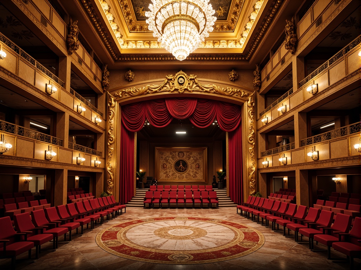 Prompt: Luxurious opera house interior, rich velvet curtains, ornate golden balconies, polished marble floors, intricate mosaic patterns, grand crystal chandeliers, plush red seats, ornamental metal railings, lavish silk fabrics, dramatic spotlights, warm ambient lighting, shallow depth of field, 1/1 composition, symmetrical architecture, neoclassical style, opulent decorations, majestic high ceilings, acoustic panels, premium wood accents, sophisticated sound systems.